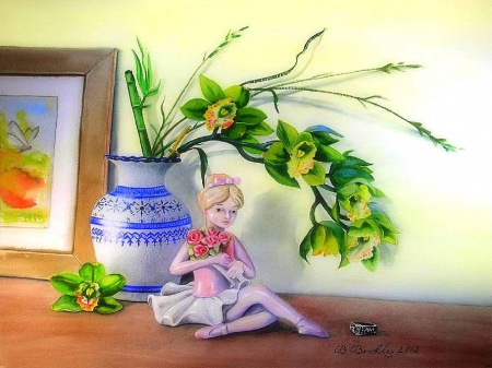 â˜…Ballerina and Ringâ˜… - watercolor, ring, still life, spring, creative pre-made, pretty, softness beauty, paintings, vases, artworks, realism, lovely, dolls, love four seasons, weird things people wear, beautiful, flowers