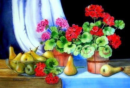 'Pears and Geranium' - pretty, creative pre-made, flowers, butterfly designs, fruits, draw and paint, pears, geranium, beautiful, paintings, curtains, colors, lovely, vases, watercolor, colorful, lovely still life, nature, love four seasons