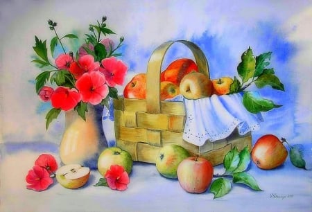 'The Best with Apples' - watercolor, basket, still life, creative pre-made, pretty, draws and prints, vases, fruits, lovely, apples, vase, nature, love four seasons, beautiful, leaves, butterfly designs, flowers