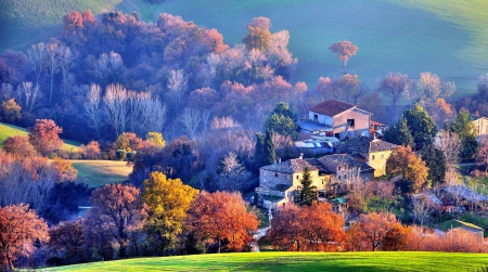 Autumn In Serralta, Italy - morning, autumn, hills, trees, factory, beautiful, grass