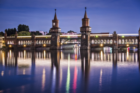 Reflection - sky, natue, night, buildings, city lights, splendor, city, bridge, germany, lights