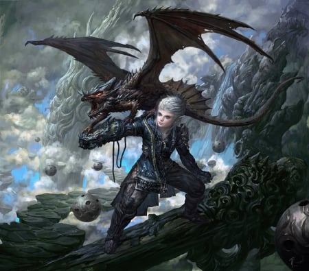 Boy And Dragon - elf, boy, fantasy, dragon, log, spheres