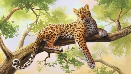 Leopard - cats, leopard, tree, painting