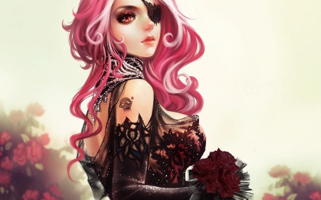 â™¥ - woman, skull, girl, bouquet, bride, rose, black, fantasy, tattoo, pink