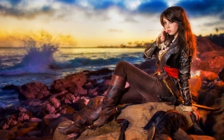 Pirate girl - red, rock, water, pirate, girl, shore, blue, creative, fantasy, sunset, sea, stone, woman, boots