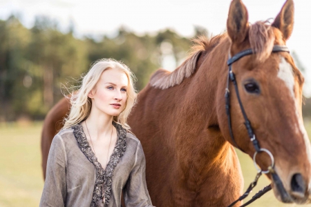 Cowgirl and Her Horse - girls, women, style, fun, models, trees, female, cowgirl, fashion, outdoors, western, horse, blondes, ranch, blonde