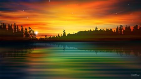 Glorious Forest Sunset - stars, sky, lake, trees, water, sunset, reflection, forest, river, sunrise