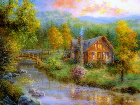 â˜…Peaceful Groveâ˜… - attractions in dreams, streams, autumn, trees, cabins, cottages, nature, love four seasons, colors, bridges, landscapes, fall season