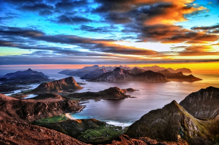 Sunset Over The Islands - north norway, ocean, beach, sky, lofoten, mountains, sunset, bay, town, artic circle, beautiful, clouds, island