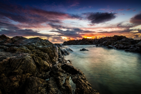 Sunset - rocks, ocean, sea view, ocean view, sky, clouds, sunset, sea, nature