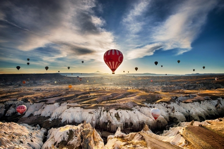 Up in the Sky - hot air balloons, clouds, sunset, nature, splendor, landscape, balloons, sky