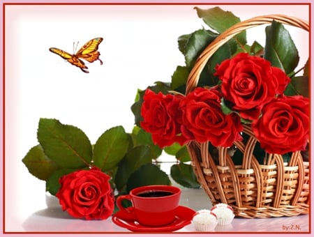 coffee,flowers - butterfly, basket, coffee, flowers