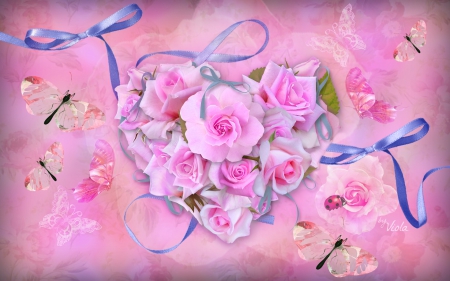 Heart of Pink Roses - pink roses, viola tricolor, roses, heart, mother, ladybug, bow, mothers day, pink, ribbon, butterflies