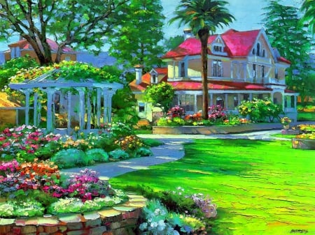 Sunny countryside - summer, walk, beautiful, village, rest, artwork, alleys, grass, countryside, park, path, greenery, pretty, flowers, spring, peaceful, art, garden, sunny, freshness, house, gazebo, trees, painting