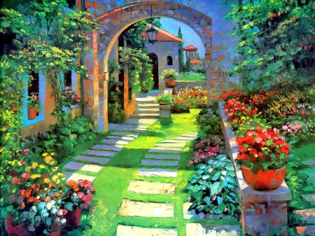 Summer garden - greenery, pretty, trees, summer, beautiful, lovely, freshness, walk, alleys, painting, garden, art, cottage, park