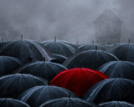 Red umbrella - red, fog, gray, umbrella