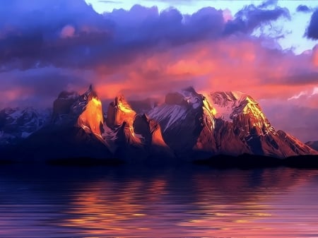 Grandeur - mountain, sunrise, reflection, clouds