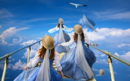 Girls in the sky - sky, girl, bird, blue