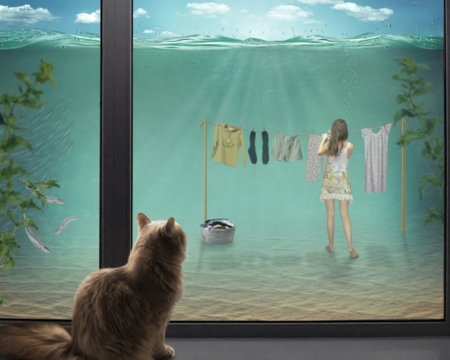 Watching you - clothes, woman, window, aquarium, cat