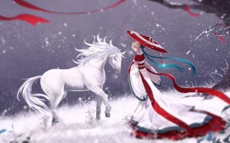 ♥ - anime, dress, girl, horse, manga, fantasy, white, umbrella, animal, red, woman, asian