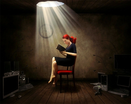 Levitating redhead - redhead, woman, light, levitating, chair