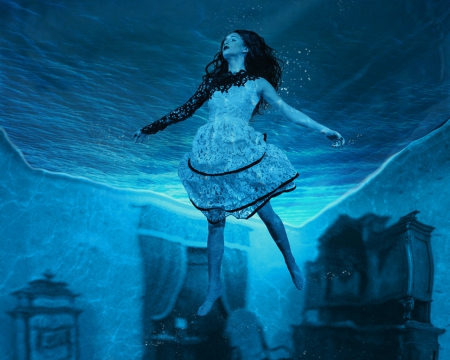 Levitating woman - woman, room, blue, levitating