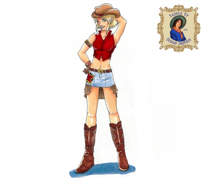 Cowgirl Favorites - girls, women, style, fun, westerns, female, fashion, cowgirls, boots, hats, drawing, fantasy, painting, art, guns