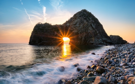 Sunset on Rock Gate Senganmon, Japan - nature, beach, sunset, japan