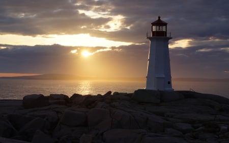 Lighthouse at Peggy's Cove - nova scotia, lighthouse, sunset, canadian landscape