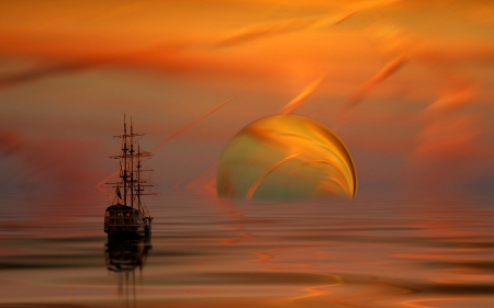 Tall Ship in a Fantasy World - water, abstract, fantasy, tall ship