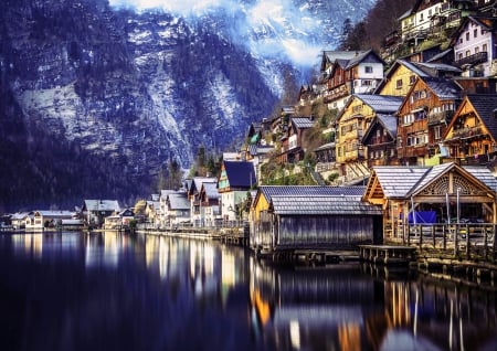 Hallstatt, A Mountain Lake Village - town, beautiful, snow, Austria, forest, cityscape, mountain, water reflections, mist, lake, houses, morning calm