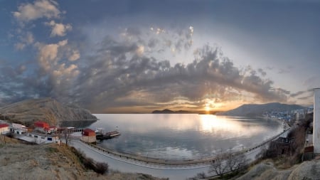 sunset over bay town - town, road, clouds, bay, sunset