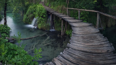 wonderful wooden bridge over a river falls - falls, forest, river, wooden, bridge