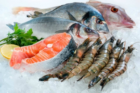 Seafood - ice, prawns, food, salmon, fish