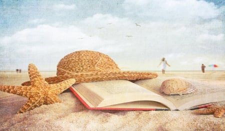 Beach Still Life - hat, still, clouds, abstract, book, beach, sand, life, starfish, sky, stilllife