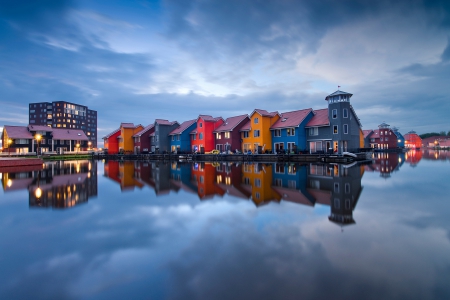 Reflection - water, evening, blue, lake, sky, houses, reflection, clouds, splendor, house, nature