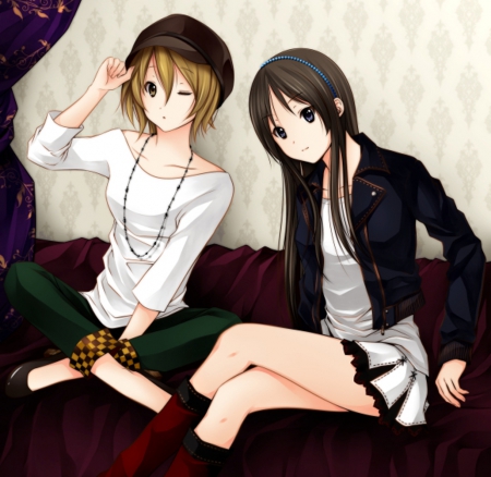 Ritsu / Mio - pretty, tainaka ritsu, anime, female, ritsu tainaka, wink, long hair, akiyama mio, k-on, short hair, mio akiyana, nice, miniskirt, akiyama, hat, anime girl, tainaka, kon, skirt, beautiful, girl, beauty, lovely, cap, brown hair, sweet, ritsu, shirt, black hair, jacket, mio