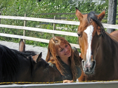 Horse - person, horse, animals, girl, eyes, nose, white, brown, fence, trees, woman, day