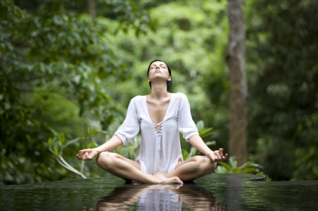 Meditation - meditation, trees, water, nature, person, forest