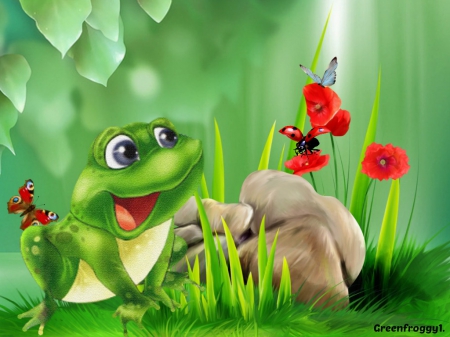 WATCHING LADYBIRD - creation, flowers, ladybird, frog