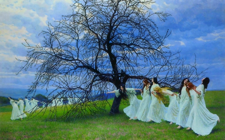 Dancing ladies - painting, dancing, ladies, art, tree