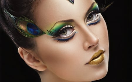 ♥ - yellow, blue, girl, eye, feather, make-up, peacock, green, woman, model, face