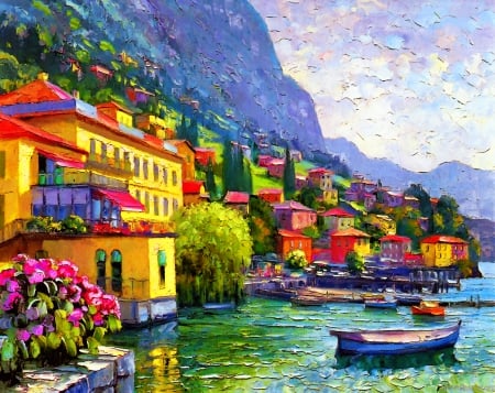 Lake Maggiore - calm, town, coast, boat, lago, mountain, flowers, Maggiore, lake, art, houses, sky, beautiful, slope, village, painting, serenity, peaceful