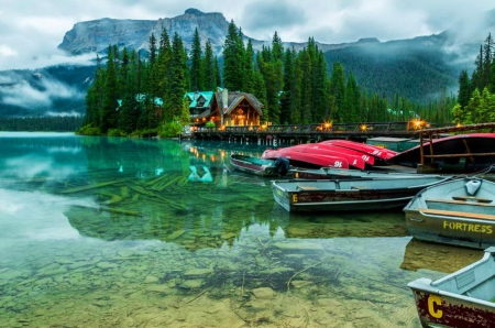 Emerald lake - cabin, fishing, reflection, twilight, mist, lake, emerald, cottage, trees, fog, beautiful, pier, boats, nature, lights, green, dick, serenity, dusk