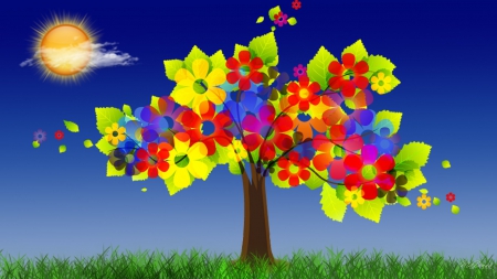 Sunny Summer Tree - flowers, abstract, blooms, blossoms, sunshine, grass, tree, sky