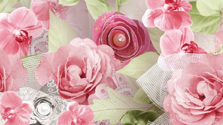 Summer Sensation - feminine, roses, design, summer, spring, pink, paper, leaves, flowers, netting