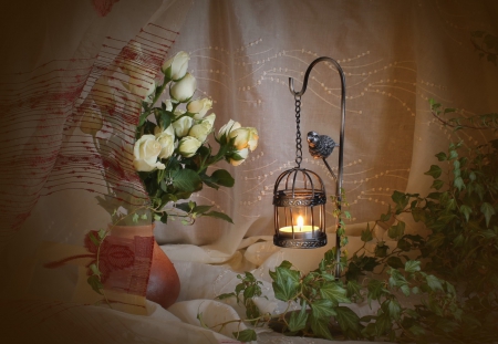 White Roses Still Life - vase, roses, bird, vines, curtains, candle, lantern, leaves, flowers, ivy