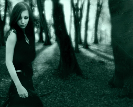 Solitude - black, trees, female, woman, gothic, forest, dark, woods