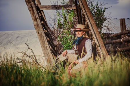 Cowgirl~Trinity Seely - trinity seely, wood, chaps, fence, rope, hat, cowgirl, singer