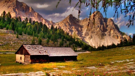 cabin by a river in italian mountains - forest, river, clouds, mountains, meadow, cabin